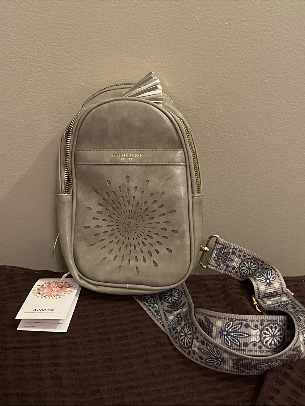 Cute Gray Crossbody with Patterned Strap, new with tags
